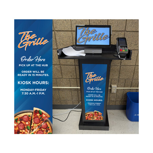 The Grille self-order kiosk with a wrapped stand and screen
