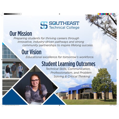 Southeast Technical College mission, vision, and outcomes wall sign