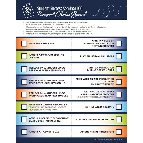 Student success seminar passport choice board with checkbox activities