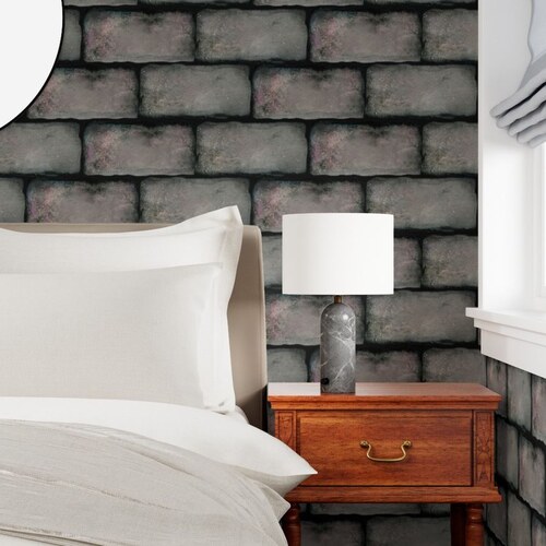Castle Wall pattern shown as bedroom wallpaper: weathered brick
