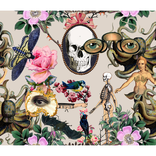 My Secret Garden surface pattern: Victorian collage of skulls, mermaids, and wild roses
