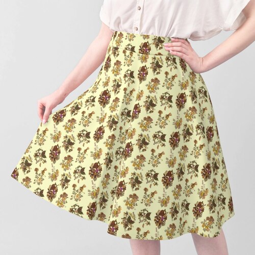 Pressed Flowers pattern shown on a skirt worn by a model