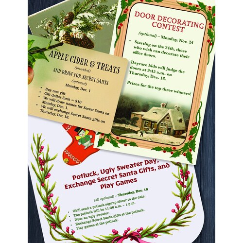 Vintage-style holiday events flyer: apple cider, door decorating, and potluck