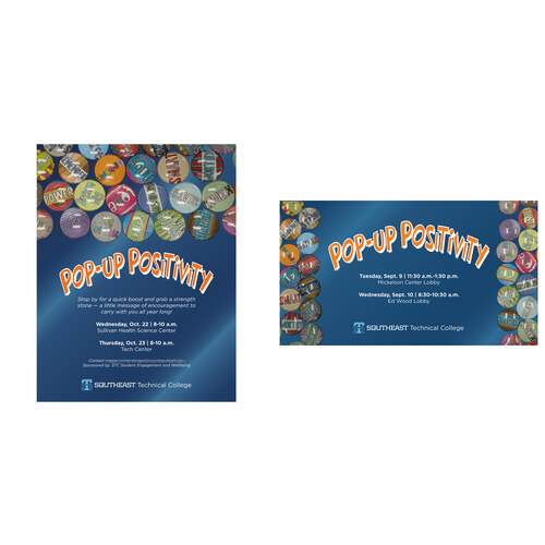 Pop-up Positivity campaign shown as a vertical print flyer and a horizontal digital-signage version