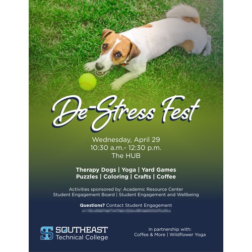 De-Stress Fest flyer with a dog and tennis ball