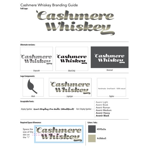 Cashmere Whiskey brand guide with logo variations, fonts, and colors