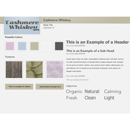 Cashmere Whiskey style tile with colors, textures, and type
