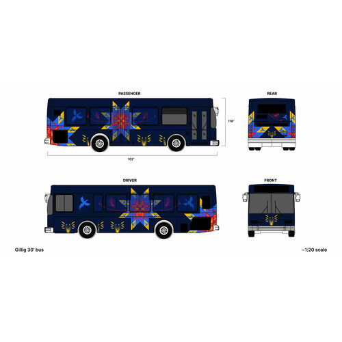 Transit bus wrap: star-quilt design with birds, pine boughs, and fireworks