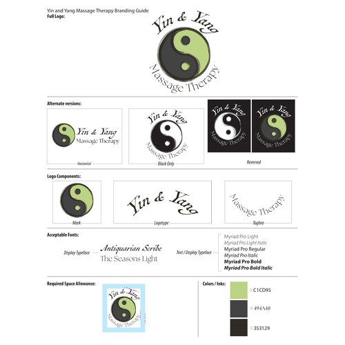 Yin and Yang Massage Therapy brand guide: logo variations, colors, and typography