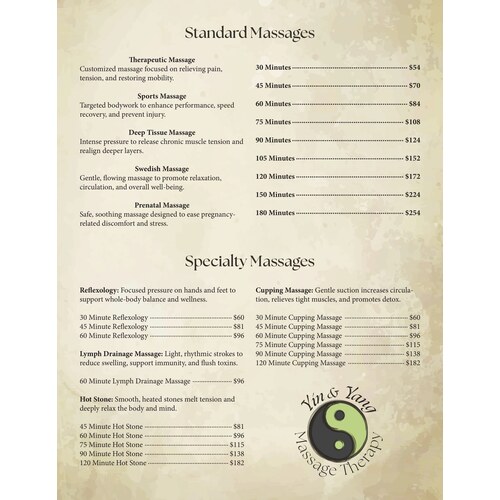 Yin and Yang Massage Therapy services and price list